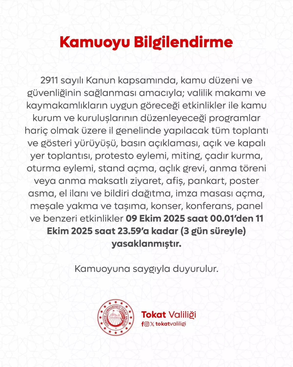 tokatta gosteri ve eylemler 3 gun sureyle yasaklandi gmHWVJyQ